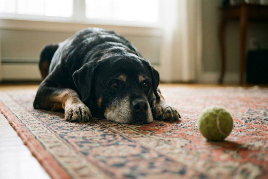 A senior dog lying on the rug watching an untouched ball