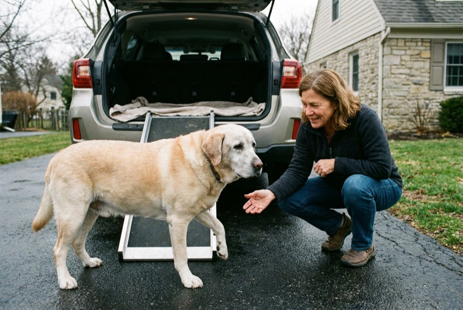 A big dog hesitating in front of the open car trunk while the owner encourages