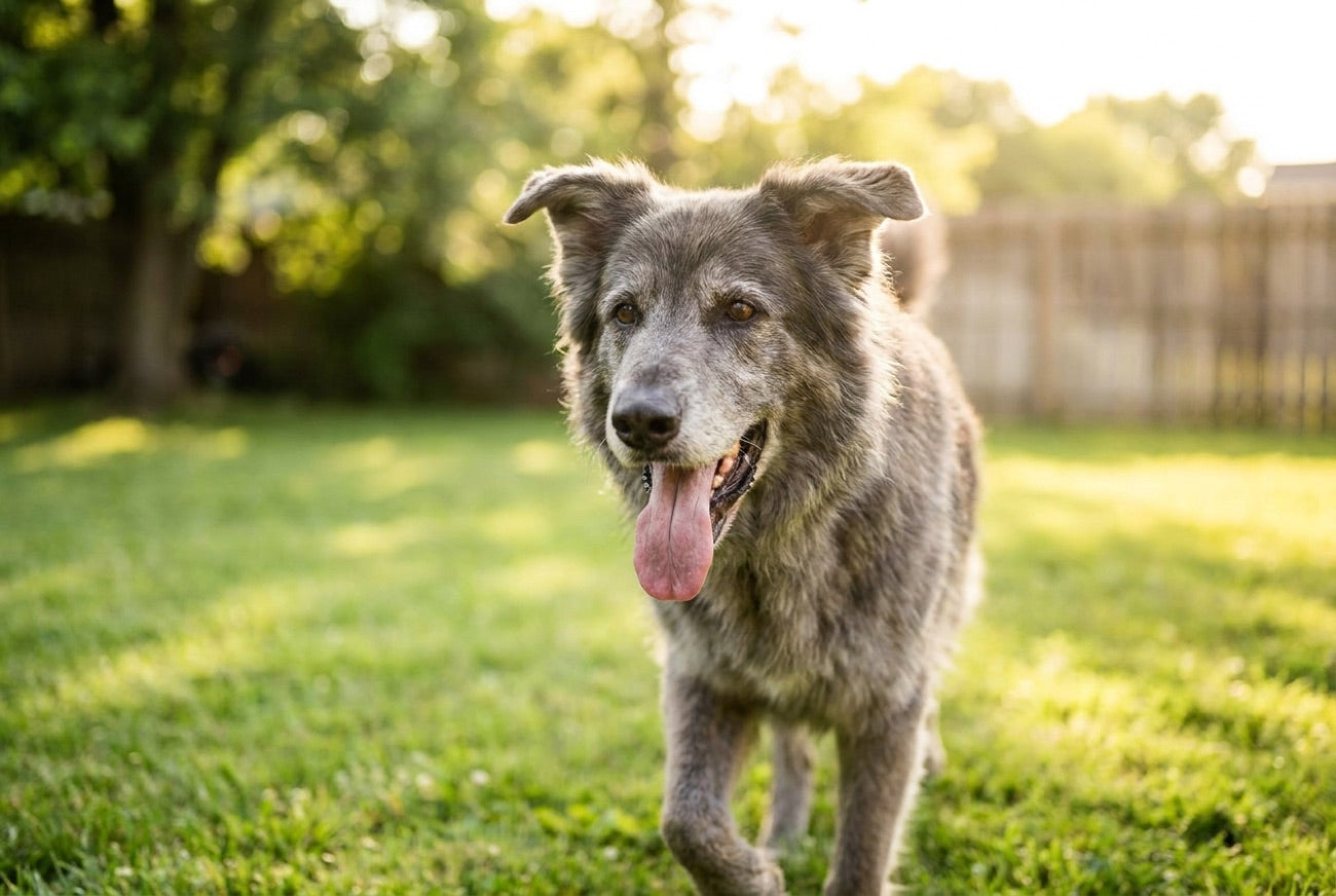 A happy senior dog running across a sunny backyard